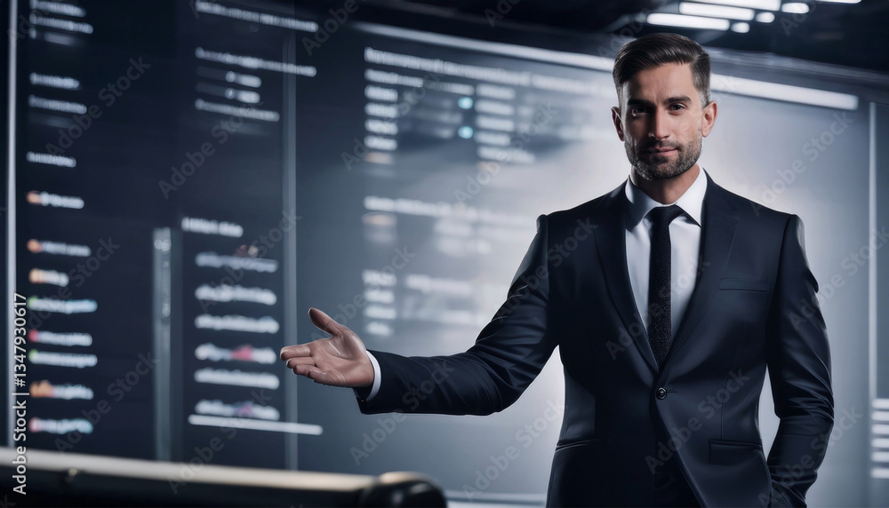 Confident CEO Presenting Business Strategy in a High-Tech Environment Confident CEO Presenting Business Strategy in a High-Tech Environment
