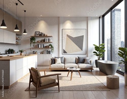 Chic contemporary living room with urban views