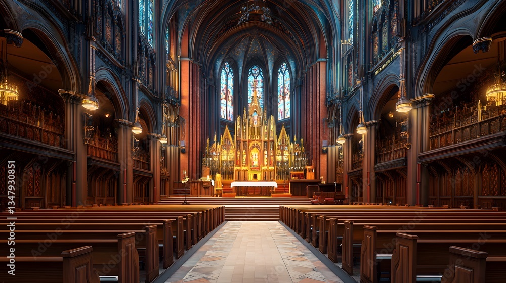 Obraz premium Majestic interior of a grand church. Ornate wooden pews, stained-glass windows, and a gold altar create an awe-inspiring atmosphere of faith and reverence. Sunlight streams through the high windows.
