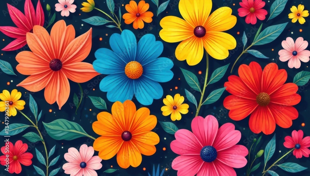 Brightly colored flowers in a bold geometric pattern, abstract, arrangement Brightly colored flowers in a bold geometric pattern, abstract, arrangement