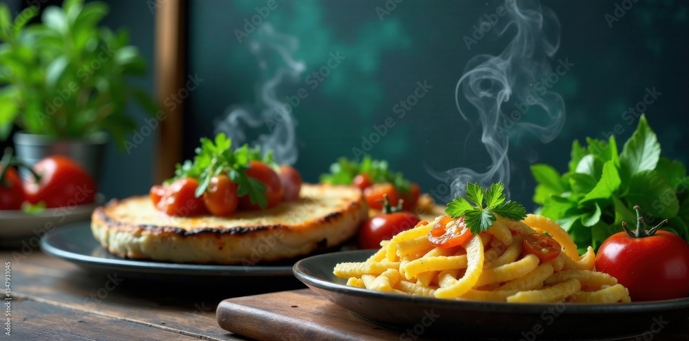 Close-up of chalkboard menu with steaming hot dishes and fresh ingredients, chalkboard, restaurant menu, food styling Close-up of chalkboard menu with steaming hot dishes and fresh ingredients, chalkboard, restaurant menu, food styling