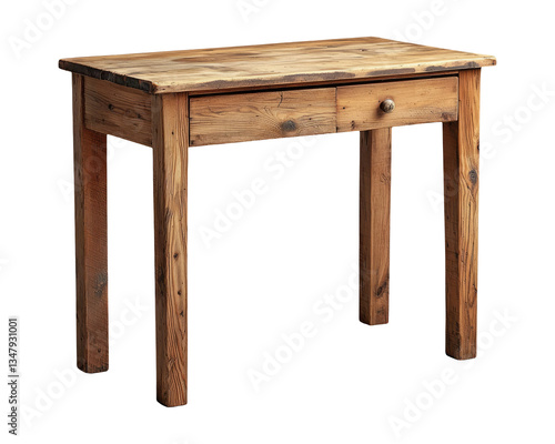 Rustic Wooden Table with Single Drawer on White Background