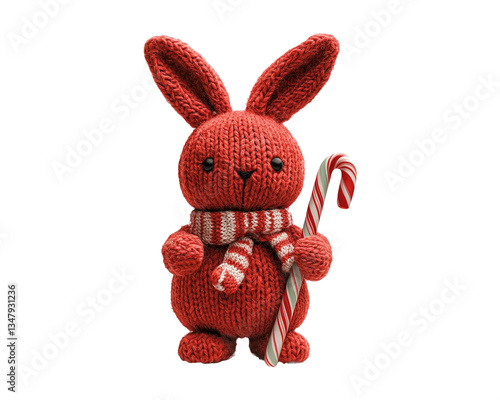 Cute Hand-Knitted Red Bunny Holding a Candy Cane with a Striped Scarf