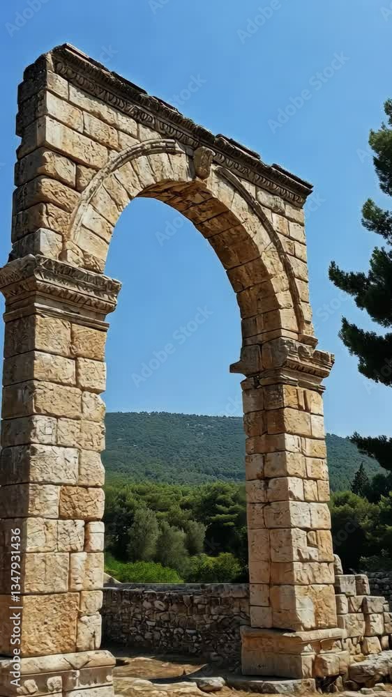 Historical stone archway stands amidst lush greenery in a serene landscape under clear blue skies Historical stone archway stands amidst lush greenery in a serene landscape under clear blue skies
