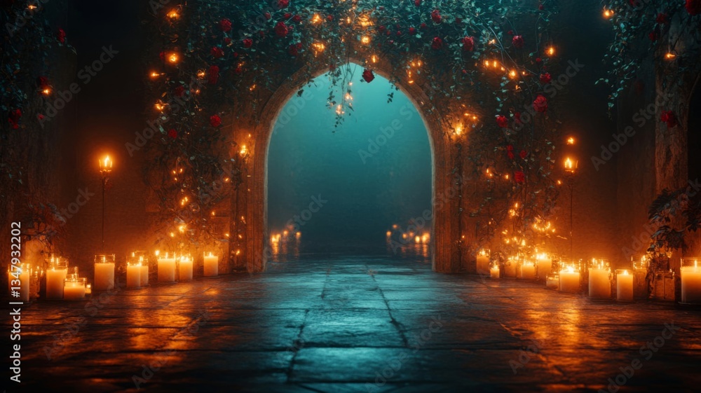 Fototapeta premium Romantic Archway Pathway Lit By Candles And Roses
