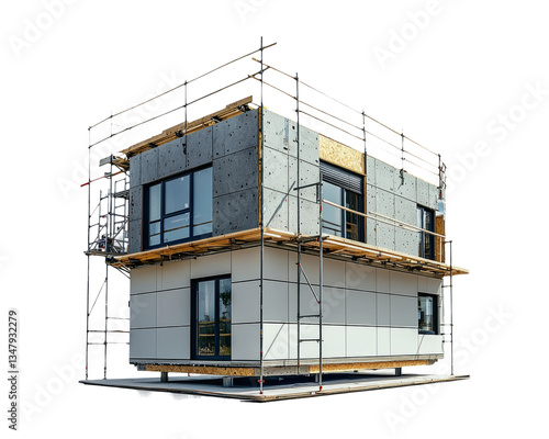 Modern House Under Construction with Scaffolding and Building Materials