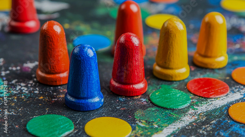 Colorful game pieces and circular tokens are scattered on a textured surface, showcasing a playful and vibrant atmosphere.