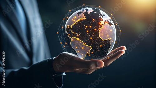 Fototapeta Naklejka Na Ścianę i Meble -  A Person Gently Cradles A Glowing, Interconnected World In Their Hands, Symbolizing Global Unity And Technological Advancement Against A Dark, Atmospheric Backdrop