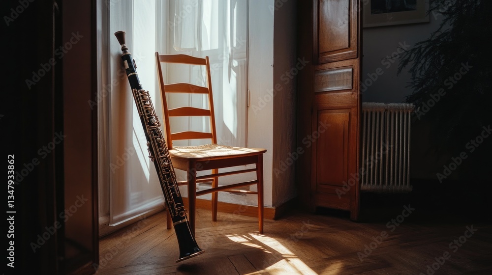A bassoon leaning against a wooden chair, surrounded by warm, ambient light.
