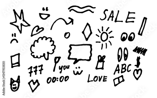 Abstract black hand drawn shapes and words kids drawings
Vector shapes set