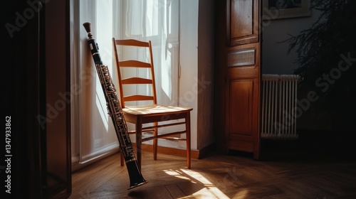 Obraz na płótnie A bassoon leaning against a wooden chair, surrounded by warm, ambient light. w salonie