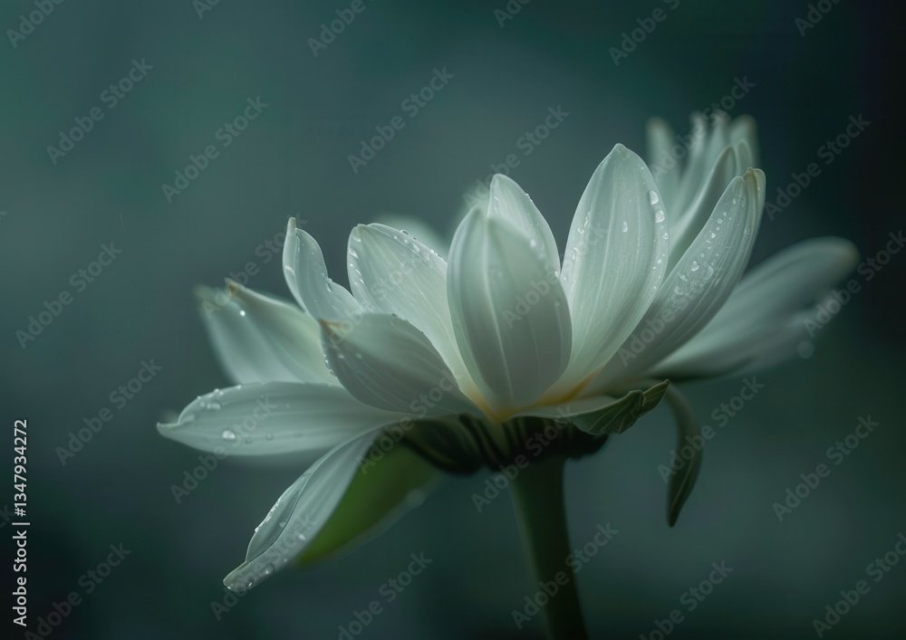 Fototapeta premium Serene white flower with dewdrops in a tranquil setting.