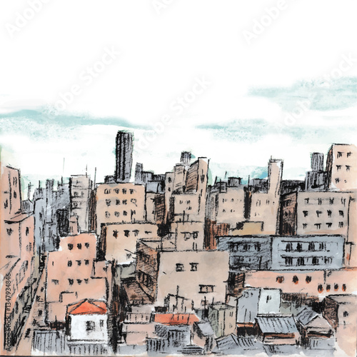 水彩で描いた昭和レトロな東京の街並み　ベクターイラスト　手描き　正方形　ポスター　カード　余白
