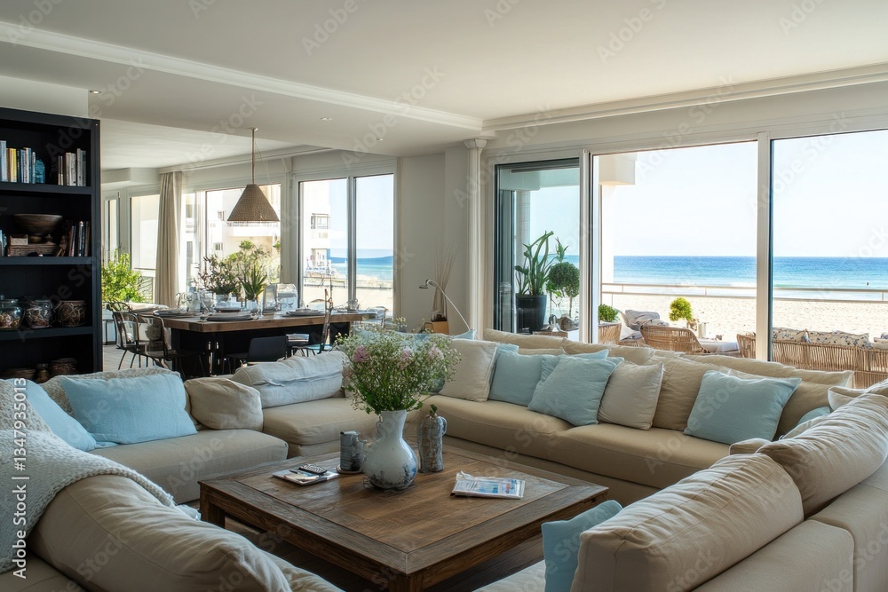 Fototapeta premium Coastal living room, large windows, ocean view, dining area