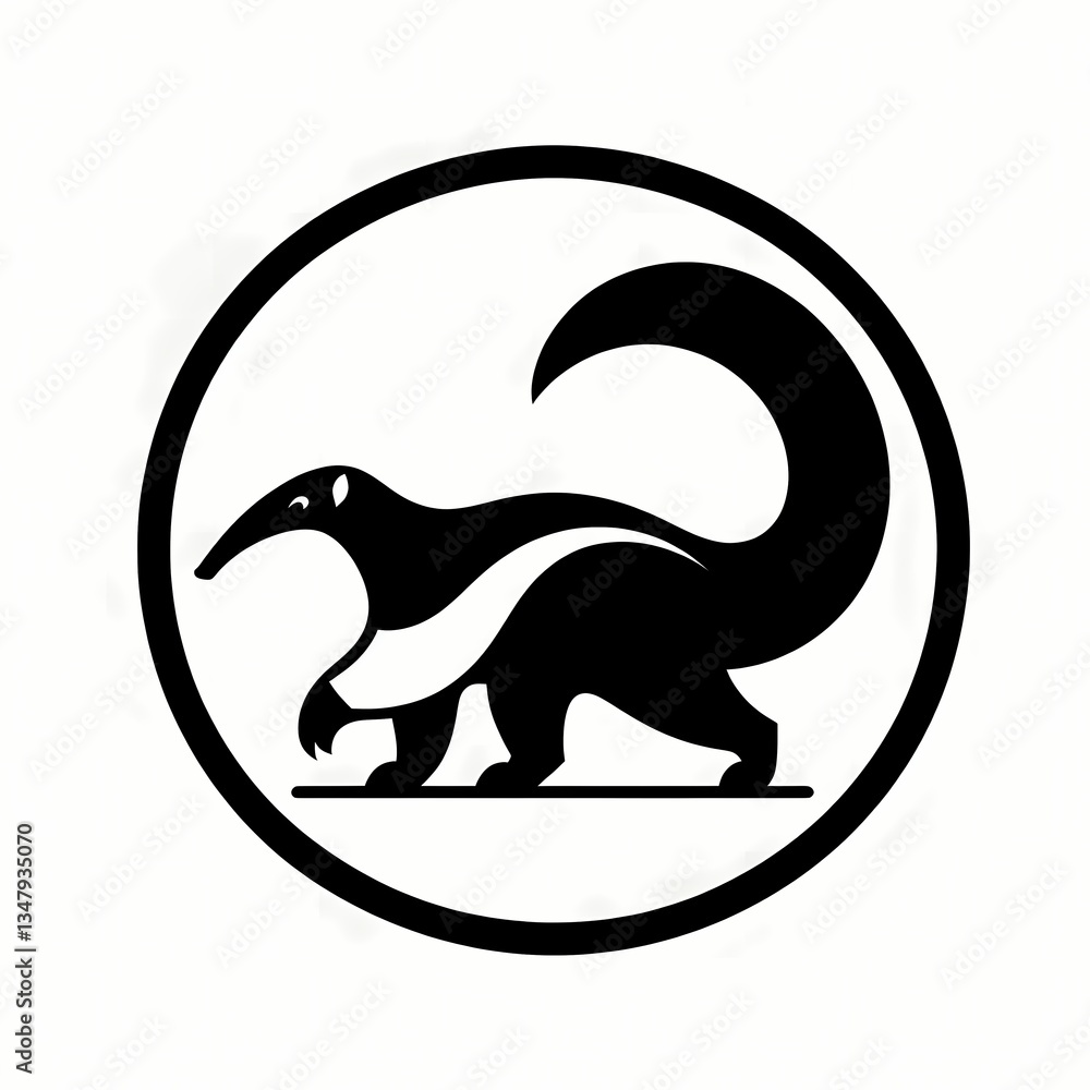 Fototapeta premium Minimalist black silhouette of an anteater in a circular frame, graceful design