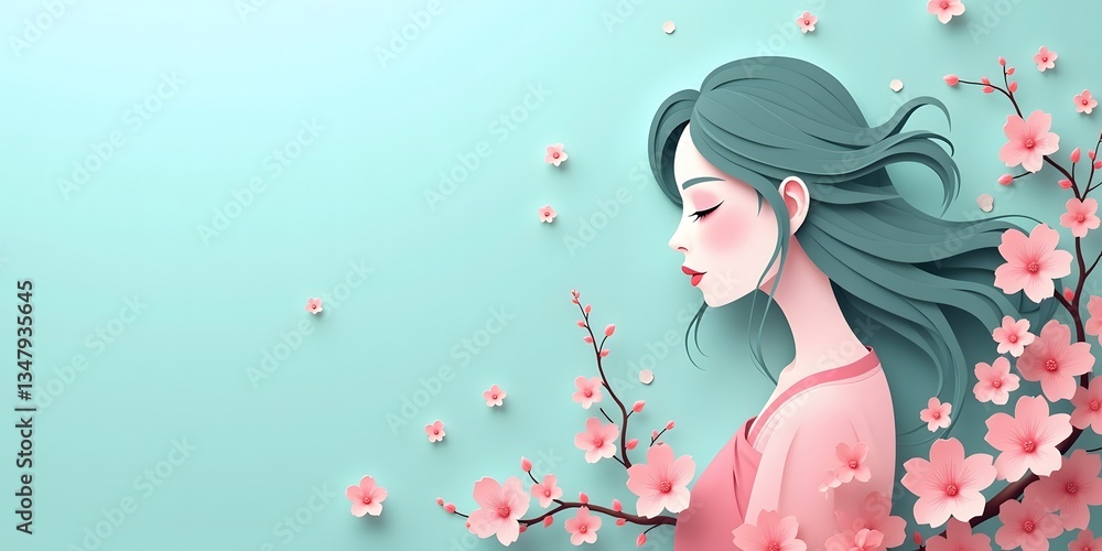 Paper Cut Illustration of Face and Flowers Celebrating International Women's Day and Mother's Day Paper Cut Illustration of Face and Flowers Celebrating International Women's Day and Mother's Day