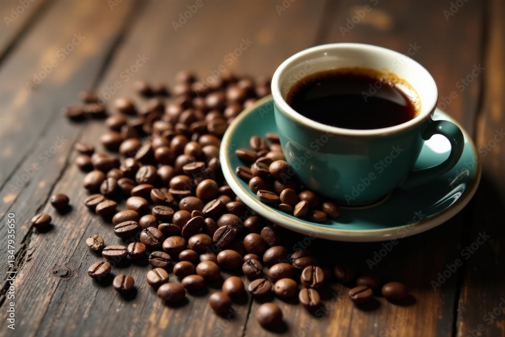 Obraz premium Coffee beans scattered on a vintage wooden table amidst an espresso cup , beans, espresso