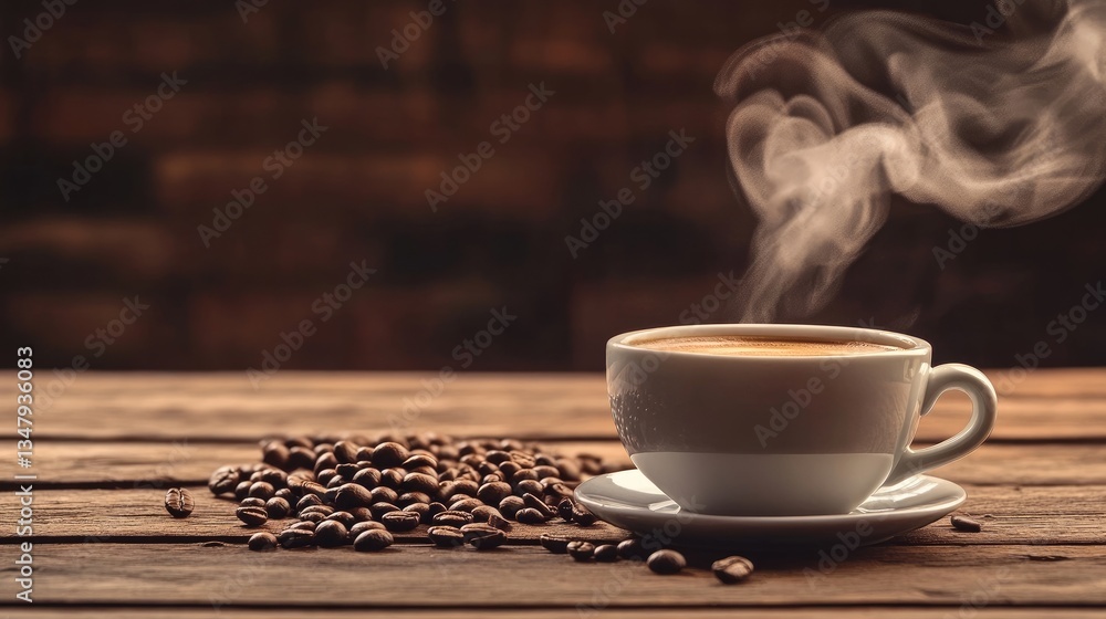 A close-up of a cup of coffee on a wooden table, steam swirling above it with roasted beans in the background. A close-up of a cup of coffee on a wooden table, steam swirling above it with roasted beans in the background.