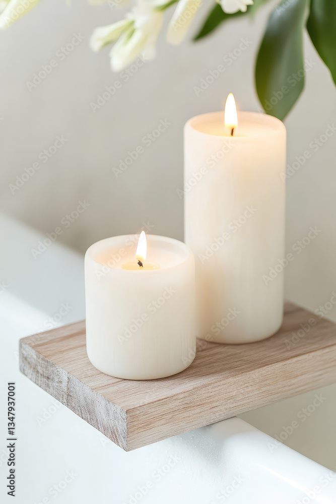Wooden authentic bathroom tray coaster. Candles on a coaster on the bathtub. Wooden authentic bathroom tray coaster. Candles on a coaster on the bathtub.