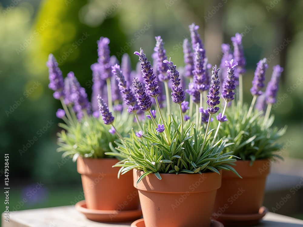 Obraz premium Potted lavender plants in terracotta pots on wooden table in bright outdoor garden.