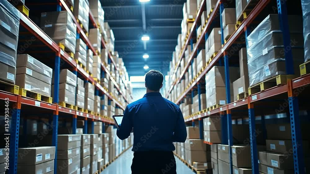 Warehouse manager efficiently managing inventory with a tablet in a logistics setting. Warehouse manager efficiently managing inventory with a tablet in a logistics setting.