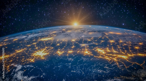 A stunning view of Earth from space, showcasing illuminated cities and a sunrise over the horizon against a backdrop of stars.
