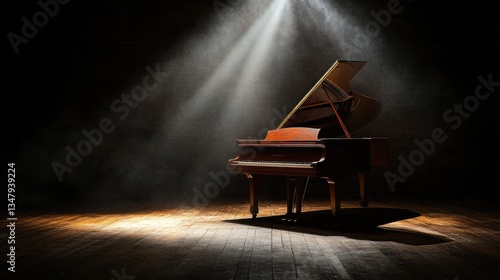 Obraz na płótnie A dramatic shot of a grand piano on a dark stage with a single spotlight illuminating it. w salonie