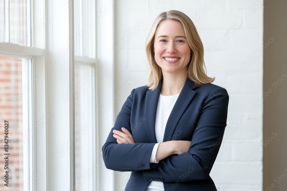 Confident businesswoman posing with arms crossed near a window Confident businesswoman posing with arms crossed near a window