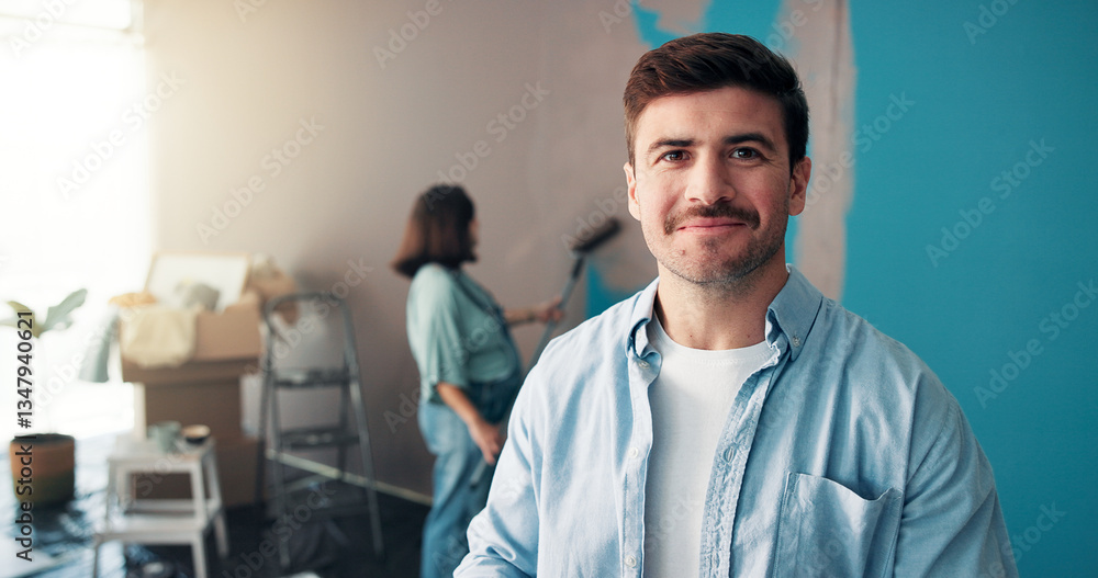 Portrait, smile and man in home for painting, wall decoration or renovation with pregnant woman. DIY, interior design or parents with improvement for nursery preparation, remodeling or house makeover Portrait, smile and man in home for painting, wall decoration or renovation with pregnant woman. DIY, interior design or parents with improvement for nursery preparation, remodeling or house makeover