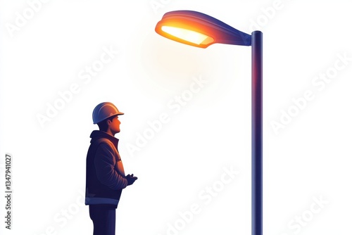 Worker in Hard Hat Standing Under Street Lamp at Night