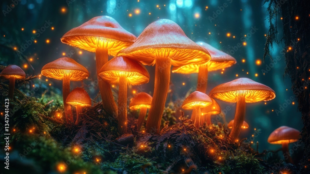 Fototapeta premium Glowing mushrooms in a mystical forest