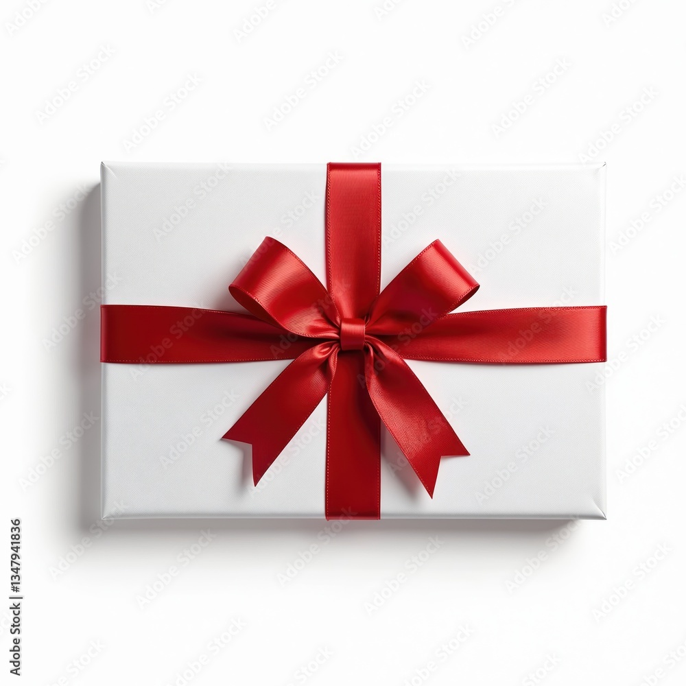 White gift box tied with red ribbon bow. Present package for holiday, anniversary, birthday, valentine, wedding. Festive celebration, giving, receiving gifts. Isolated on white background. White gift box tied with red ribbon bow. Present package for holiday, anniversary, birthday, valentine, wedding. Festive celebration, giving, receiving gifts. Isolated on white background.