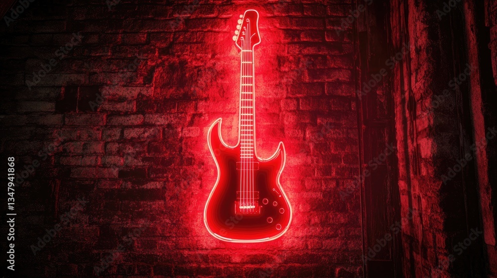A glowing neon sign of an electric guitar mounted on a rustic brick wall, creating a vibrant musical ambiance.