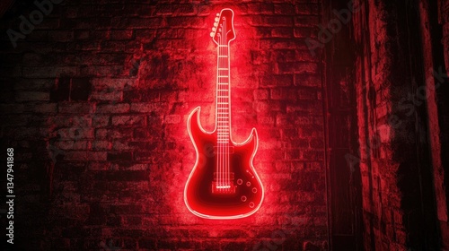 Obraz na płótnie A glowing neon sign of an electric guitar mounted on a rustic brick wall, creating a vibrant musical ambiance. w salonie