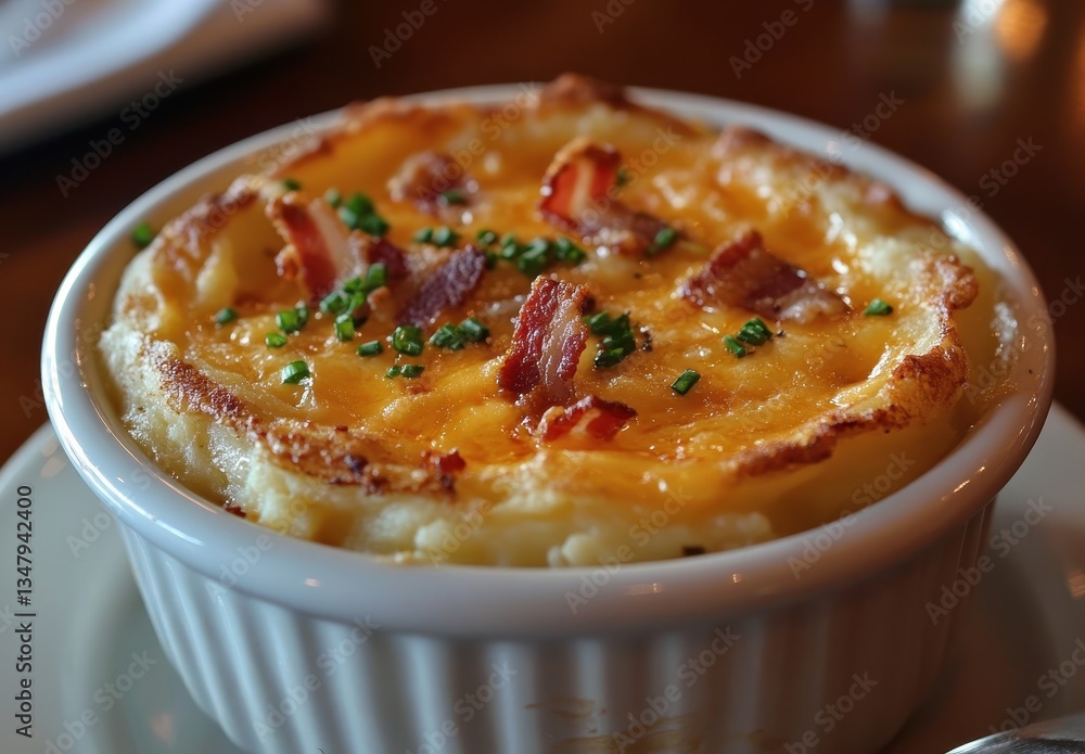 Creamy Baked Mashed Potatoes with Crispy Bacon and Fresh Chives in a White Dish Ready to Serve at a Cozy Restaurant Setting Creamy Baked Mashed Potatoes with Crispy Bacon and Fresh Chives in a White Dish Ready to Serve at a Cozy Restaurant Setting