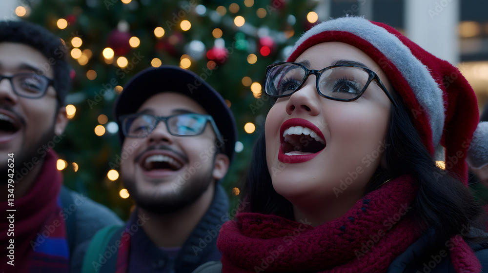 Obraz premium Three friends look up in awe at a brightly lit Christmas tree, their joyful expressions captured in a heartwarming moment during the holiday season.