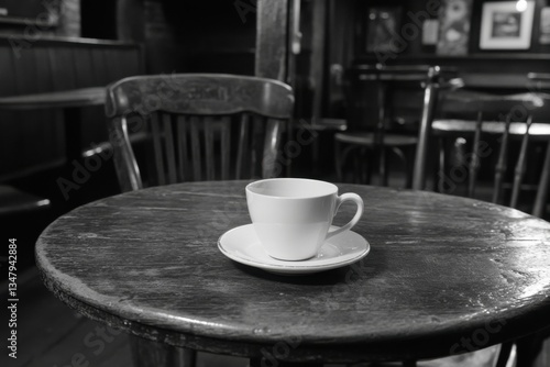 A Lonely Coffee Cup on a Rustic Table in a Vintage Café Setting