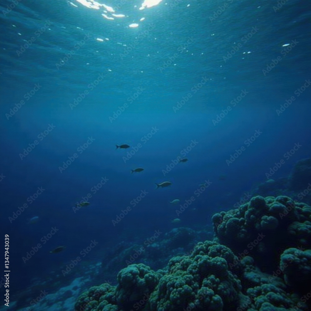 Deep dark blue ocean surface reflected in a school of small fish, underwater scene, dark blue, ocean Deep dark blue ocean surface reflected in a school of small fish, underwater scene, dark blue, ocean