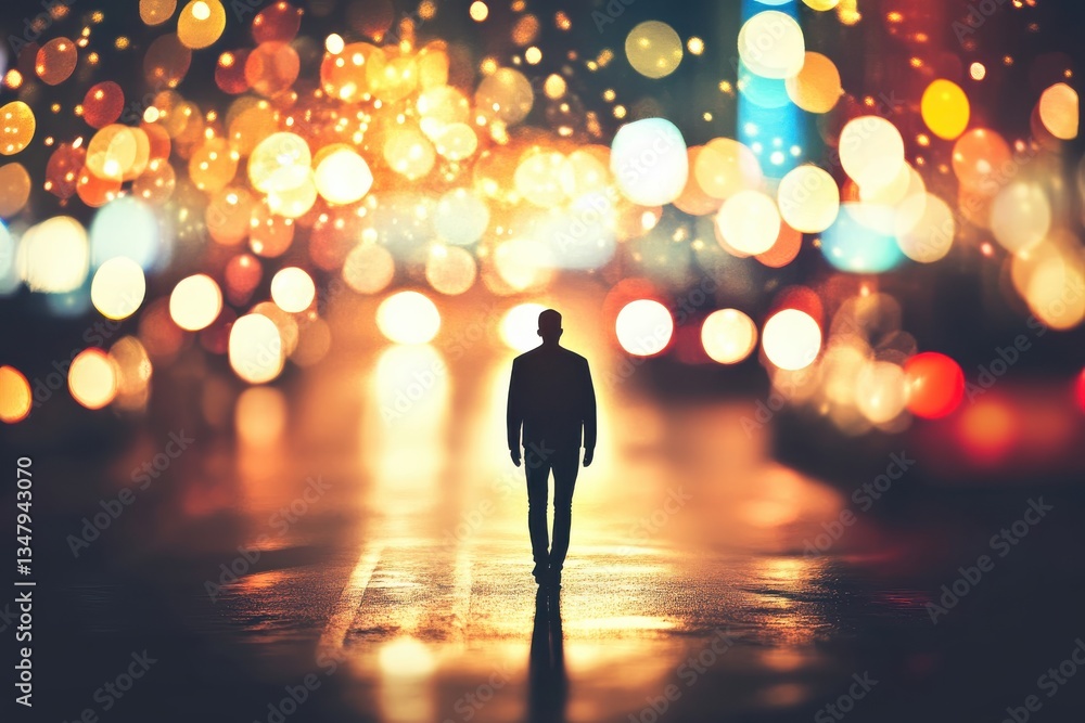 Silhouette of a Man Walking Towards Blurred City Lights at Night Silhouette of a Man Walking Towards Blurred City Lights at Night