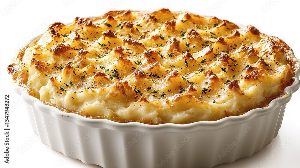 Delicious baked mashed potatoes topped with herbs and a golden crust Delicious baked mashed potatoes topped with herbs and a golden crust