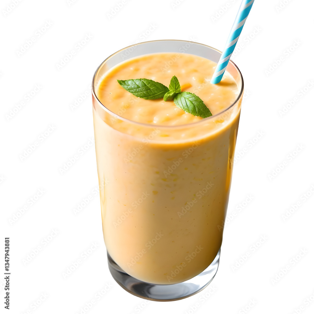 A bright and refreshing glass of mango smoothie with a rich yellow color and a straw for easy drinking isolated on transparent background PNG A bright and refreshing glass of mango smoothie with a rich yellow color and a straw for easy drinking isolated on transparent background PNG