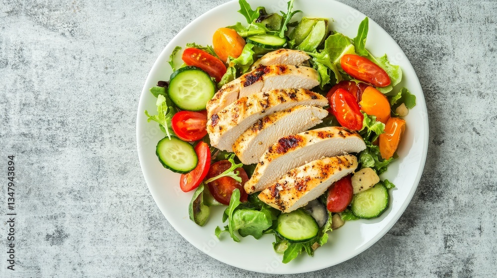 High-Resolution Photography of Chicken Salad with Vegetables and Cucumber: Grey Background, Petit Naturel Style High-Resolution Photography of Chicken Salad with Vegetables and Cucumber: Grey Background, Petit Naturel Style