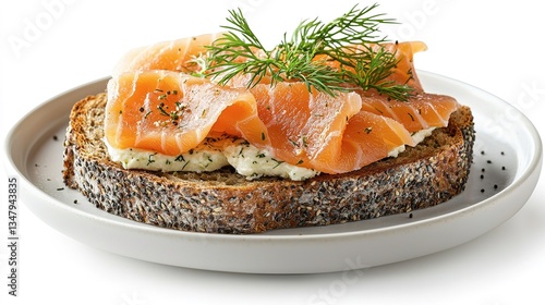 Delicious smoked salmon and dill atop a slice of toasted bread
