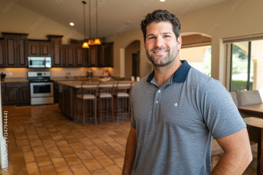 Fototapeta premium Friendly Man Posing in Modern Kitchen with Natural Lighting