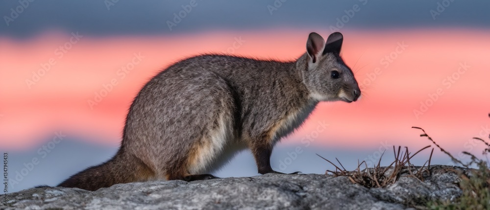 Obraz premium Agile Wallaby captured rare moment of stillness atop rocky outcrop silhouette framed against pastel sunset sky dramatic lighting add cinematic feel emphasizing rugged terrain creating striking