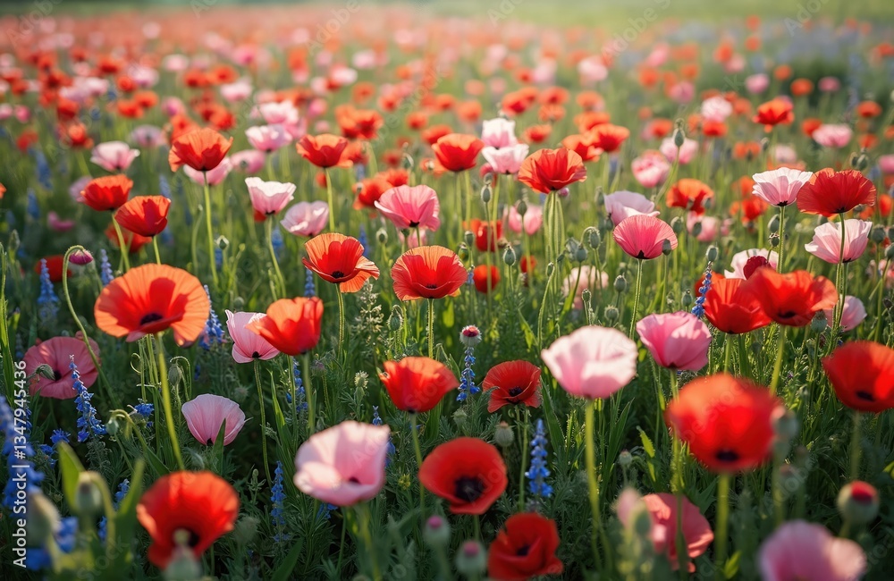Fototapeta premium Aerial view field blooming red, pink poppies. Beautiful summer floral meadow landscape. Wildflowers in full bloom. Nature background, vibrant colors. Sunny day, plants, flora, botanical, garden,