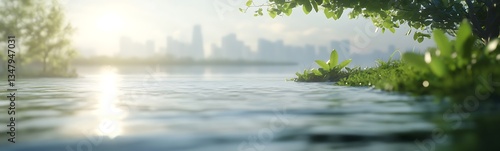 A serene view of water with lush greenery in the foreground and a city skyline softly illuminated by sunlight in the background.