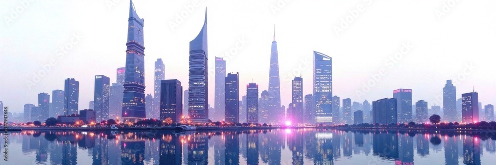 Obraz premium Futuristic cityscape with sleek skyscrapers and neon lights against a white background, modern architecture, white, futuristic