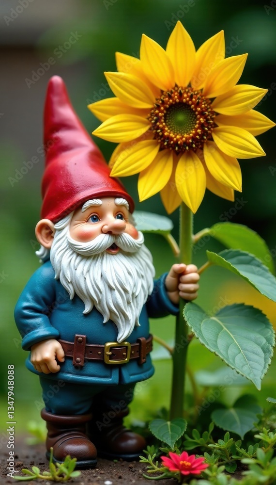 Obraz premium Garden gnome standing next to tall sunflower with bright yellow petals and dark green leaves, gnomes, blossoms,