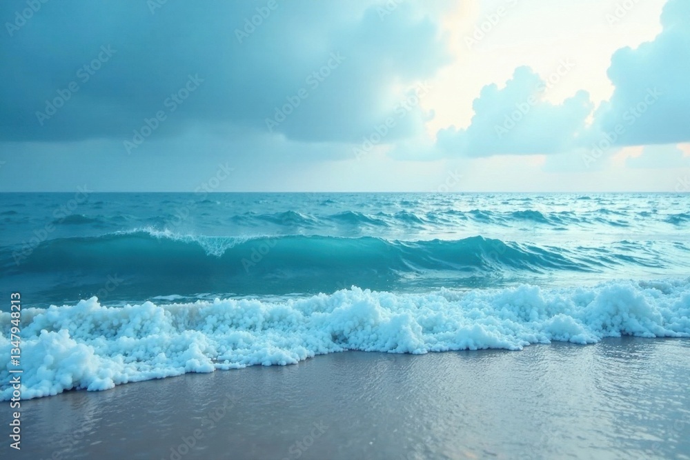 Obraz premium Gentle blue hue of misty ocean waves near the shore, ocean, coastal, sea